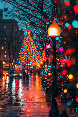 Obraz premium Christmas tree and street light on wet pavement during snowfall. Holiday illumination city night view for greeting card.