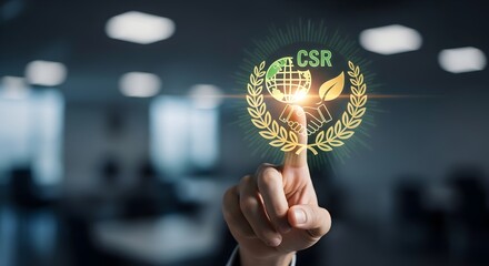 A finger touches a glowing CSR (Corporate Social Responsibility) emblem with hands, globe, leaf, and laurel wreath, in a blurred office setting.