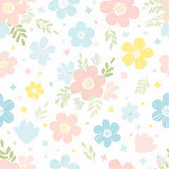 Flower pattern. Pastel floral seamless background. Watercolor or chalk spring abstract vector print. Cute floral design.