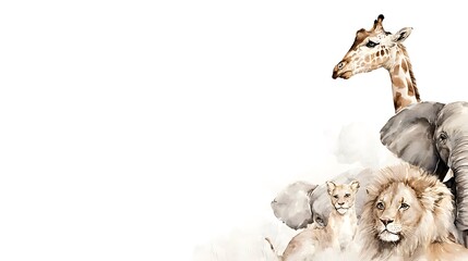 Playful watercolor illustration of safari animals in soft pastel tones.