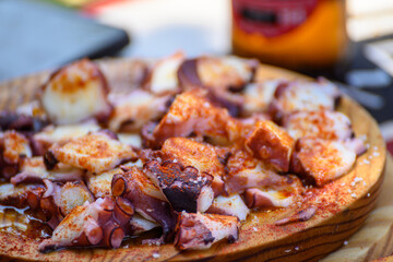 A Dish of Pulpo a Feira with a Blurry Background. Concept The focus on a perfect dish.
