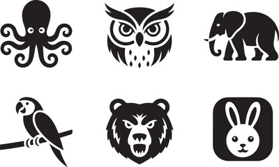 Diverse collection of six animal icons in a bold black silhouette style. Includes octopus, owl, elephant, parrot, bear, and rabbit for logo design.