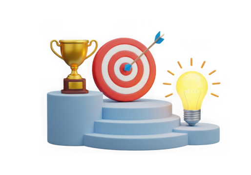 3d icon of golden trophy, bullseye with arrow, and glowing lightbulb on a podium, symbolizing success, goals, and ideas isolated on transparent background