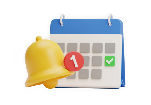 3d icon of calendar with a notification bell and a checkmark, signifying important dates and completed tasks isolated on transparent background