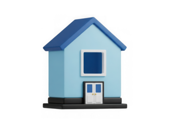 3d icon of a simple, stylized blue house with a white window and door, isolated on a transparent background