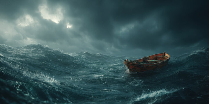 A Stormy Sea and A Lonely Boat: A solitary rowboat battles relentless waves, enveloped by a tempestuous sky, portraying a scene of struggle and solitude.