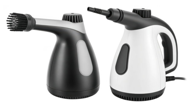 Handheld steam cleaner with round brush head isolated on transparent 