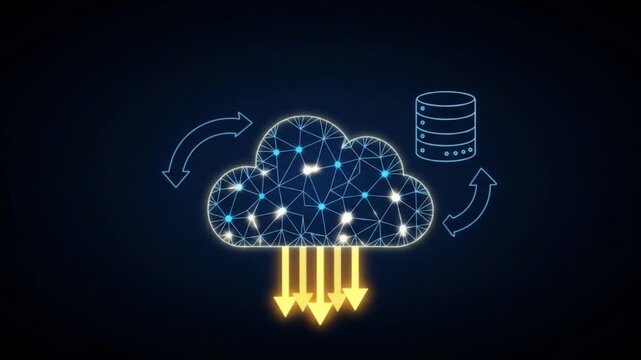 A digital cloud connected to a database with arrows on a dark blue background