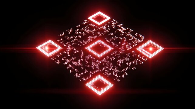 Red glowing QR code pattern with abstract geometric shapes in a dark background.