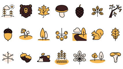 Collection of forest-themed linear icons in clean vector style. Includes trees, animals, plants, and mushrooms. Editable stroke. Perfect for nature, woodland, or autumn concepts.