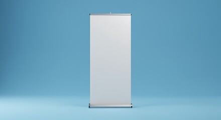 A blank white retractable banner stand against a light blue studio background for mockups and presentations