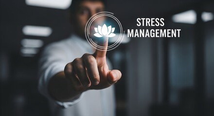 Businessman touching a stress management interface, highlighting wellness concept.