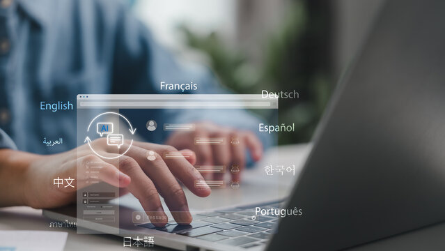 User typing on laptop with AI multilingual chat interface, translating text in real time across global languages like English, Chinese, French, and Arabic.