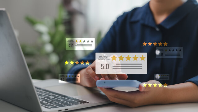 Person using smartphone with various customer satisfaction ratings from 1 to 5 stars, representing online review management and feedback analysis.