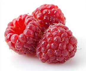 Fresh Raspberries with Green Leaves Still Life on White Background, Velvety Drupelets Aggregate Fruit, Hollow Receptacle and Thorns