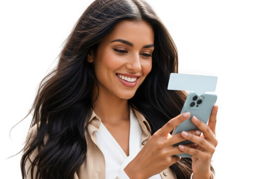 Attractive brunette woman using her smartphone to connect with friends and family on social media isolated on transparent background