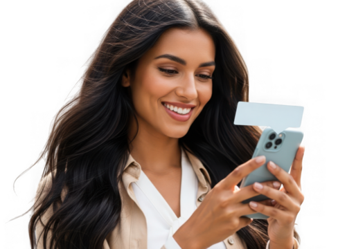 Attractive brunette woman using her smartphone to connect with friends and family on social media isolated on transparent background
