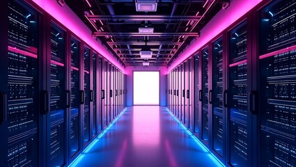 Exploring data center server room with neon lights for ai cloud computing and network infrastructure concept