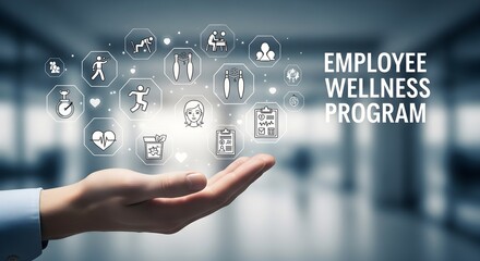 A hand holds a projected employee wellness program graphic with various icons.
