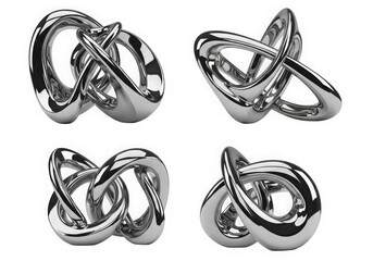 3d icon of four abstract metallic infinity knot sculptures, isolated on transparent background