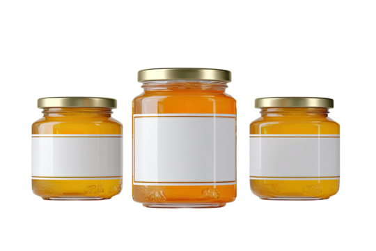 Three glass jars of amber-colored preserve, each with a blank white label and gold band