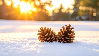 Two pine cones rest on snowy ground, bathed in the golden light of a winter sunset. Forest bokeh creates a tranquil backdrop