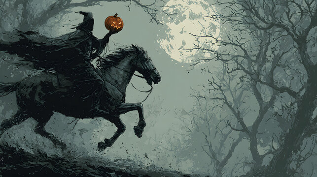 Midnight Ride: A headless horseman galloping through the woods, clutching a jack-o'-lantern, a classic Halloween image