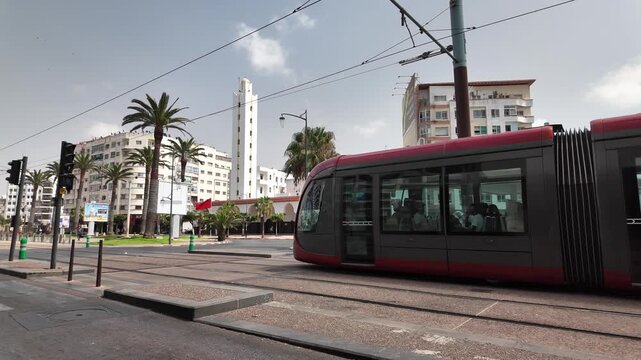 Red Tram Crossing Mohammed V Square in Casablanca, Morocco &ndash; Art Deco Architecture, August 3, 2025
