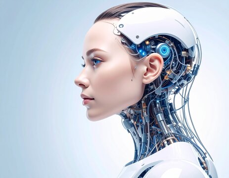 Side profile 3D female android with realistic face in sci-fi digital environment