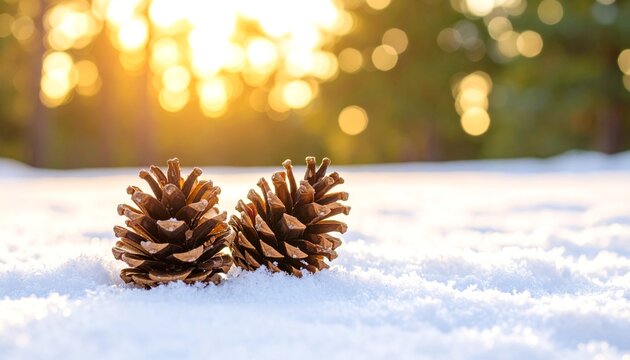 Two pine cones rest on snowy ground, bathed in the golden light of a winter sunset. Forest bokeh creates a tranquil backdrop