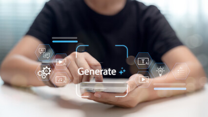 User generating AI content on smartphone including text, video, music, and ideas through intelligent generative interface for creative production.