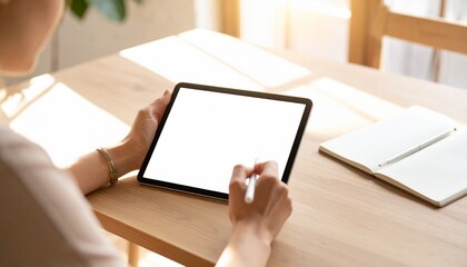 Over the shoulder view of a person using a digital tablet with a blank screen and stylus at a sunlit wooden desk.