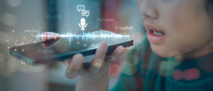 Woman using AI voice translator on smartphone for real-time multilingual communication with languages like English, Spanish, Chinese, and Arabic.