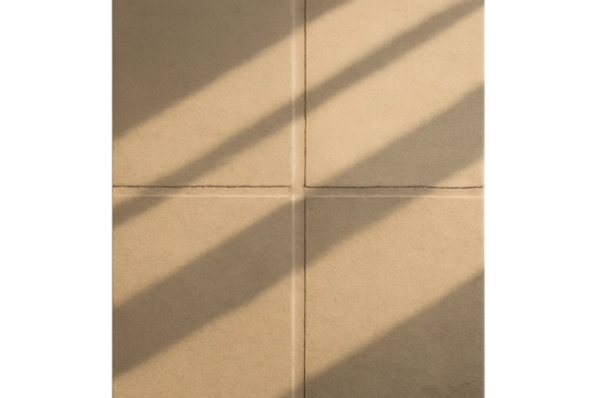Terracotta floor tiles in warm sunlight casting diagonal shadows across four square sections with white grout. Tile with grout and transparent background