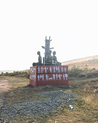 Tribal welcome statue in an early morning on the hills in Koraput, Odisha, India in November 2024....
