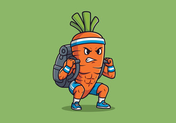 Athletic Carrot Character with Backpack in a Fitness Pose on a Green Background