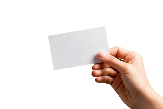 A hand holds a blank white card