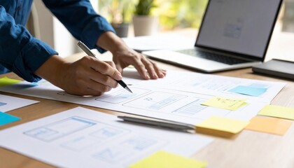 A UX designer sketches a website wireframe on paper, planning the user interface layout with sticky notes.