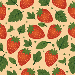  Strawberry pattern. Seamless pattern with strawberries and green leaves on a light background. Fresh and bright design for kitchen, textile, and packaging