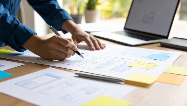 A UX designer sketches a website wireframe on paper, planning the user interface layout with sticky notes.