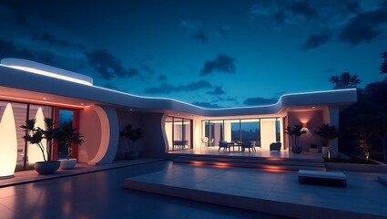 Futuristic house terrace with ambient lighting, modern architecture, night scene, ultra-detailed 3D render