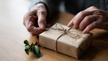 Gifting from the heart. An elderly person's hands carefully tying a twine bow on a rustic, brown paper-wrapped present.