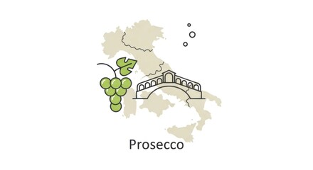 Minimalist Prosecco Map of Italy with Grapes, Bridge, and Bubble Icons