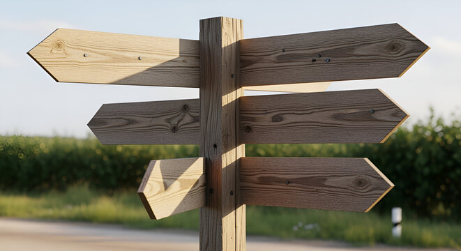 A weathered wooden signpost with multiple blank arrow signs pointing in different directions outdoors near greenery - Powered by Adobe