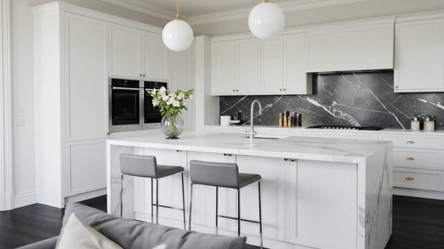 A modern kitchen with white cabinets marble island and black marble backsplash area