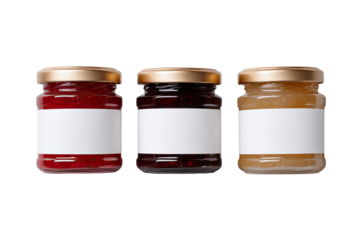 Three small glass jars, each filled with a different preserve. 