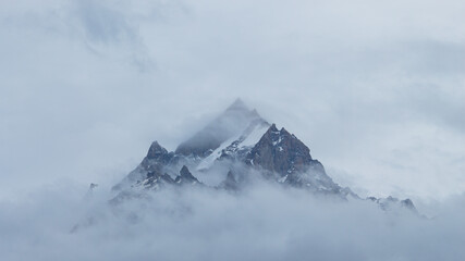 View of Sacred Mountain Range of  Kinnaur Kailash in Kinnaur Valley of Himachal Pradesh, India. The...