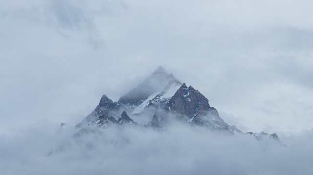View of Sacred Mountain Range of  Kinnaur Kailash in Kinnaur Valley of Himachal Pradesh, India. The Worship Place of Lord Shiva.