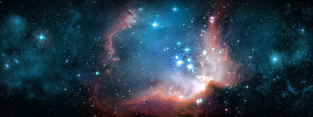 A view from space to a galaxy and stars. Universe filled with stars, nebula and galaxy,. Panoramic shot,. Elements of this image furnished by NASA.