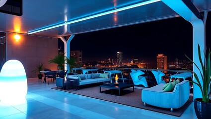 Futuristic terrace with holographic lighting and modular furniture
